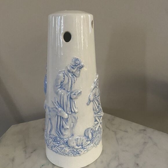 VTG HOLLAND MOLD CERAMIC NIGHT LIGHT Candle Shade NATIVITY SCENE Blue And White - Picture 4 of 6